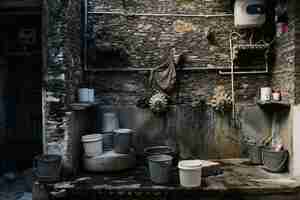 Free photo buckets at a washing area