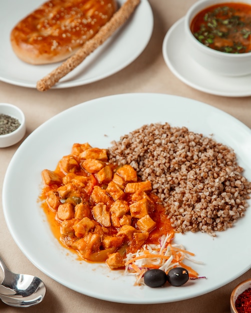 Buckwheat with chicken  side view