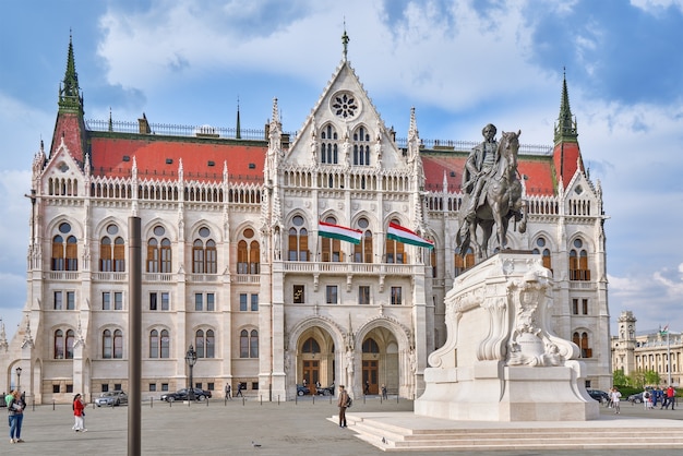 Budapest, hungary-may 02, 2016: hungarian parliament in budapest. monument of andrassy gyvla- prime minister of hungary (1867â1871).