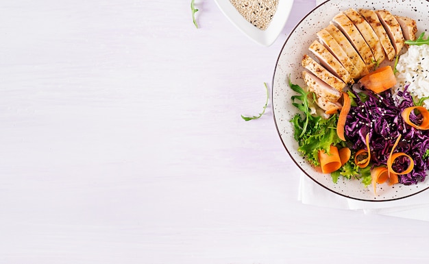 Buddha bowl dish with chicken fillet, rice,  red cabbage, carrot, fresh lettuce salad and sesame.