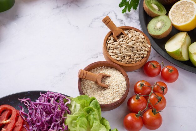 Buddha bowl dish with vegetables and legumes. Top view.