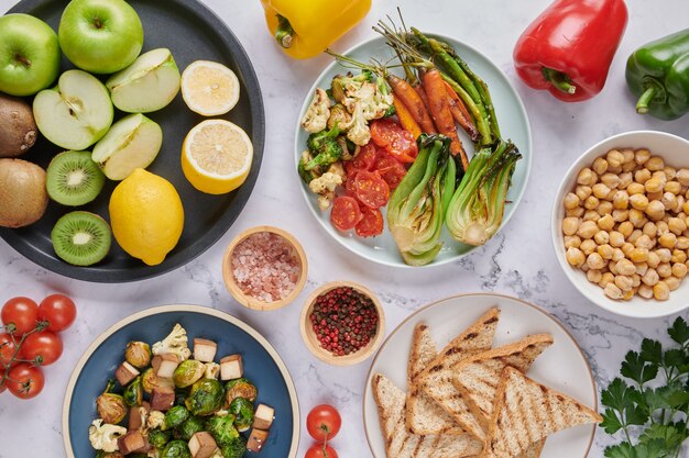 Buddha bowl dish with vegetables and legumes. Top view.