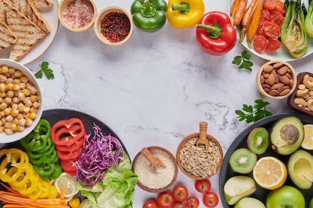 Buddha bowl dish with vegetables and legumes. top view.