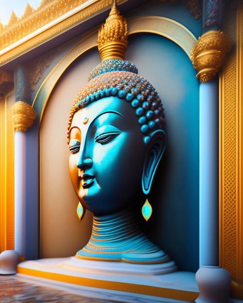 Free photo a buddha head with blue and gold colors