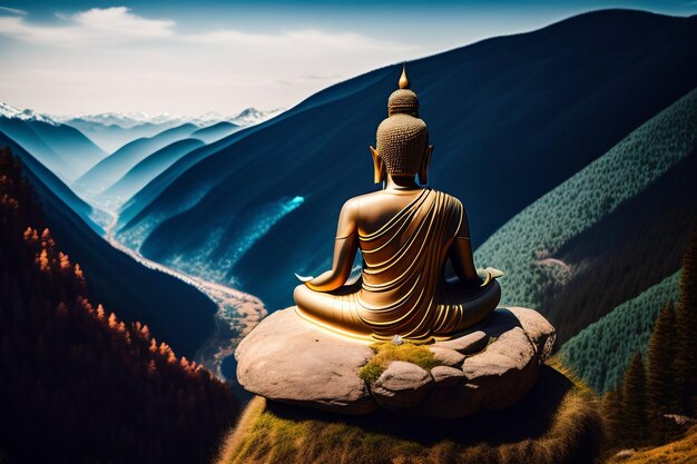 A buddha sits on a cliff overlooking a valley.