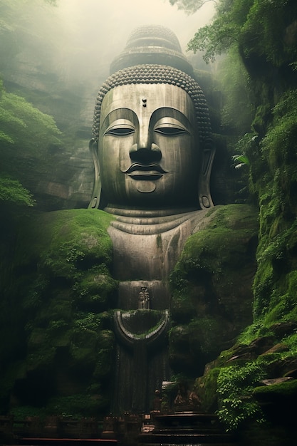 Free photo buddha statue carved in mountain