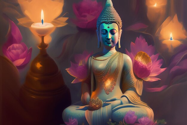 Buddha statue in front of a flowery background
