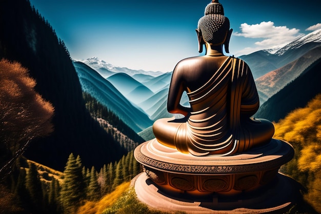 Foto gratuita statua di buddha davanti a un paesaggio di montagna