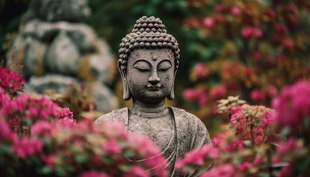 Статуя Будды медитирует среди розовых цветов в лесу, созданном искусственным интеллектом