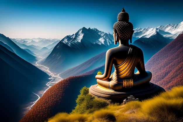 Free photo buddha statue in the mountains with mountains in the background