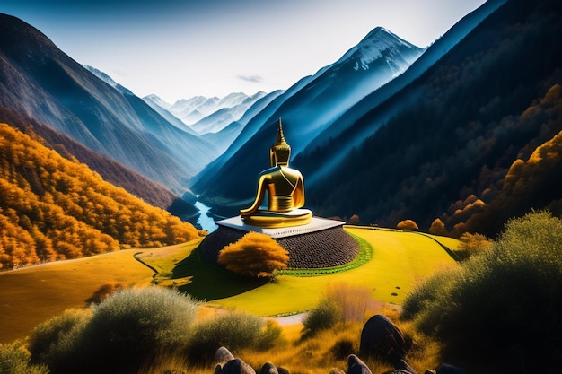 Free photo buddha statue in the mountains with mountains in the background