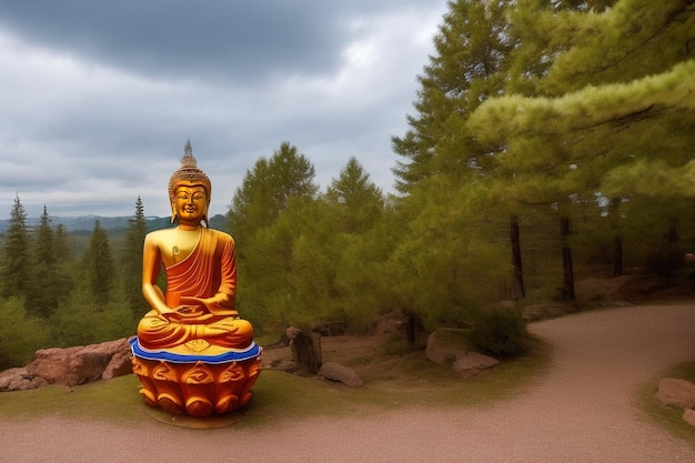 Free photo a buddha statue sits on a rock in the mountains