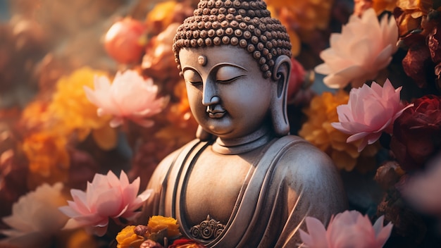 Free photo buddha statue with blooming flowers