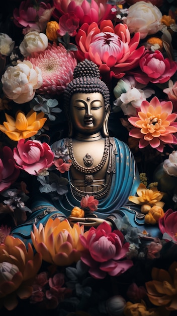 Free photo buddha statue with blooming flowers