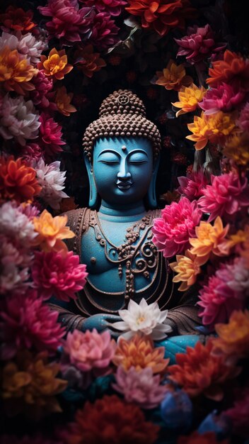 Buddha statue with blooming flowers