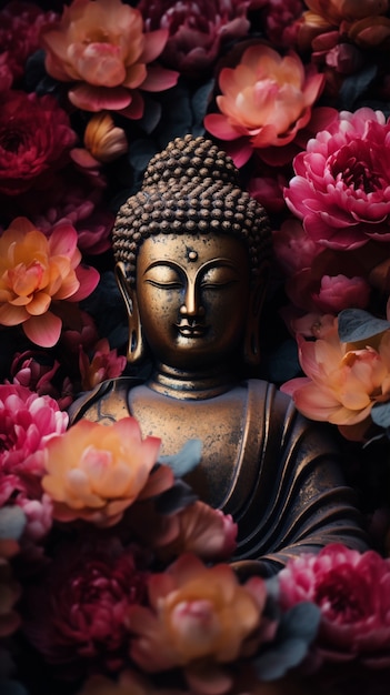 Free photo buddha statue with blooming flowers