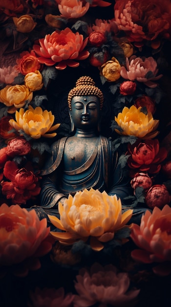 Free photo buddha statue with blooming flowers