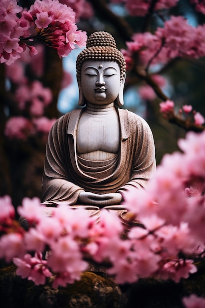 Free photo buddha statue with blooming flowers