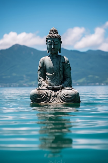 Free photo buddha statue with body of water