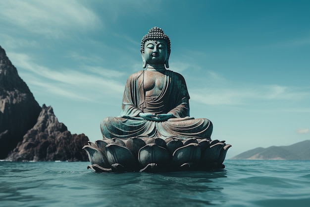 Free photo buddha statue with body of water
