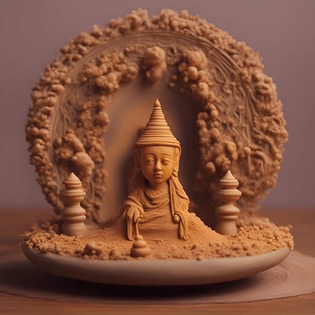 Buddha statue with clay pot on wooden table close up