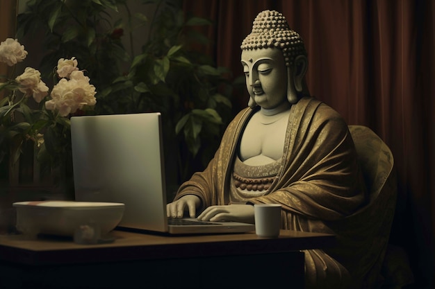 Free photo buddha  statue with computer