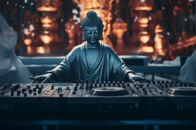 Free photo buddha  statue with dj set