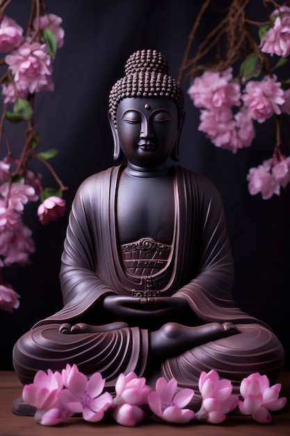 Foto gratuita statua di buddha con fiori