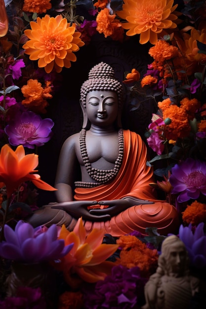 Foto gratuita statua di buddha con fiori