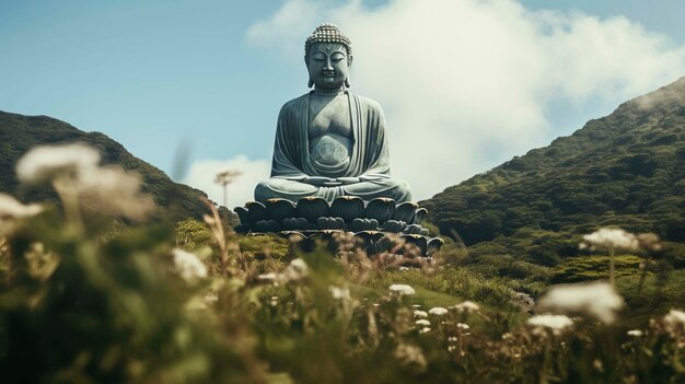 Foto gratuita statua di buddha con fiori