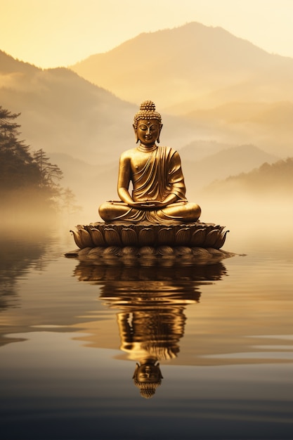 Free photo buddha statue with natural water landscape