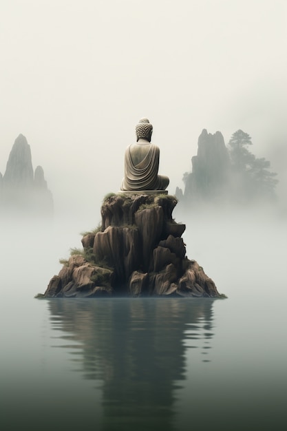 Free photo buddha statue with natural water landscape