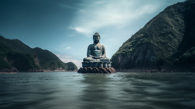 Free photo buddha statue with natural water landscape