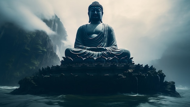 Buddha statue with natural water landscape