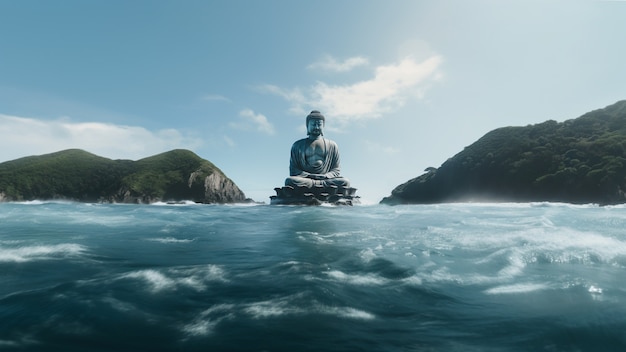 Free photo buddha statue with natural water landscape