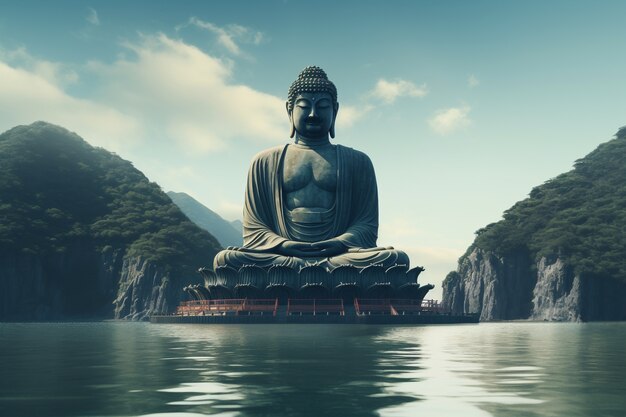 自然水の風景を備えた仏像