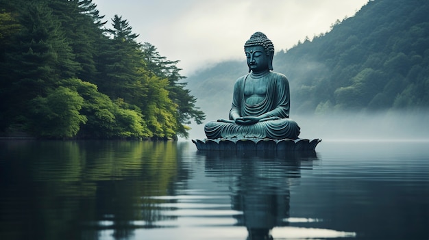 자연 물 풍경을 갖춘 부처님 동상