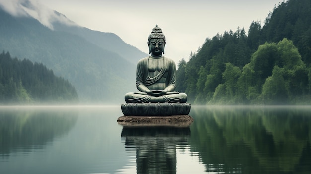 Free photo buddha statue with natural water landscape