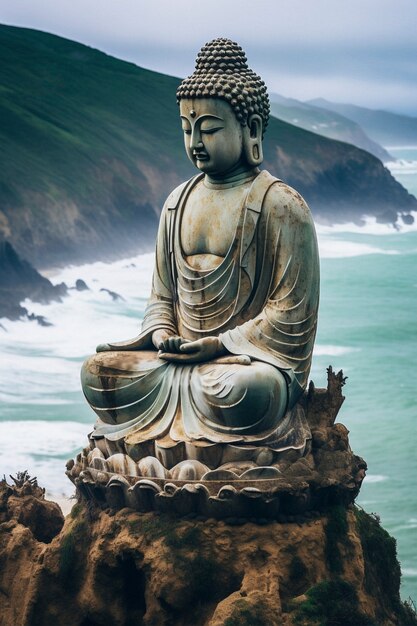 Free photo buddha statue with natural water landscape