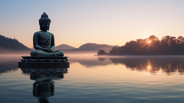 Free photo buddha statue with natural water landscape