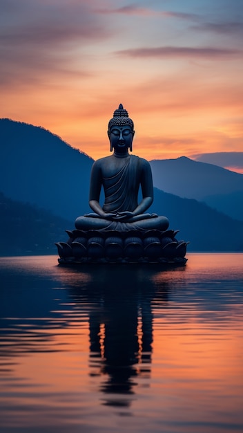 Free photo buddha statue with natural water landscape