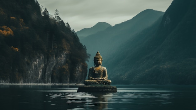 Free photo buddha statue with natural water landscape