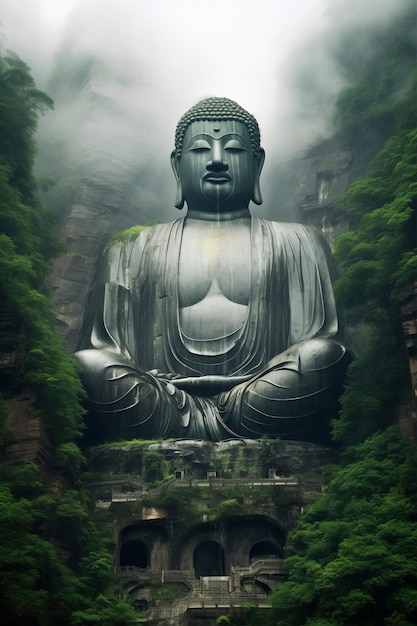 Free photo buddha statue with nature landscape