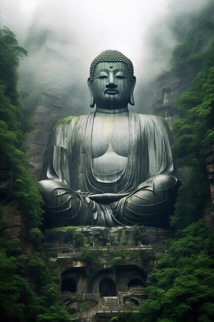 Buddha statue with nature landscape