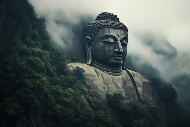Free photo buddha statue with nature landscape