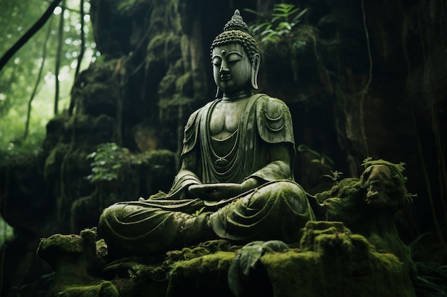 Free photo buddha statue with nature landscape