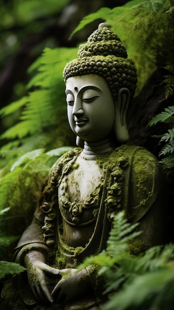 Free photo buddha statue with nature landscape