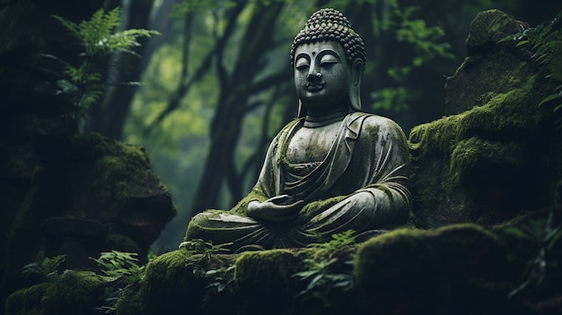 Free photo buddha statue with nature landscape