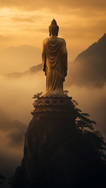 Free photo buddha statue with nature landscape