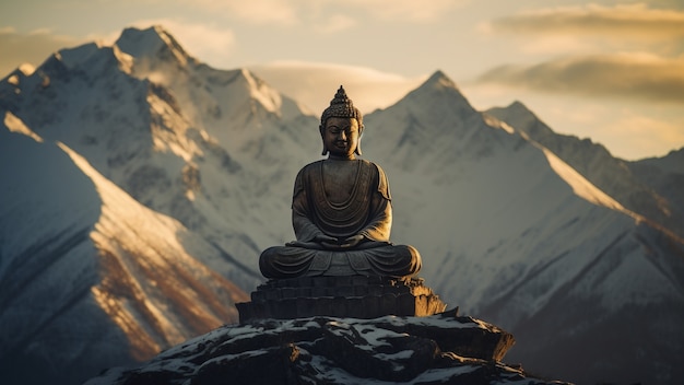 Free photo buddha statue with nature landscape